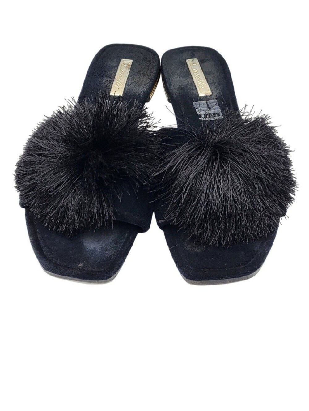 Moda Women's Size 25 (US)-8 Black Slip-on Slides Open-Toe Flat Pom-Pom Sandals